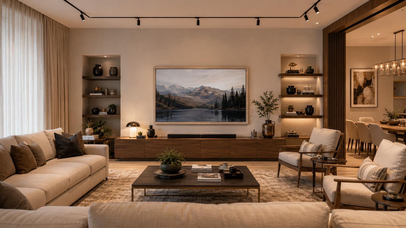 Living con TV instalada en el muro por Move Your House